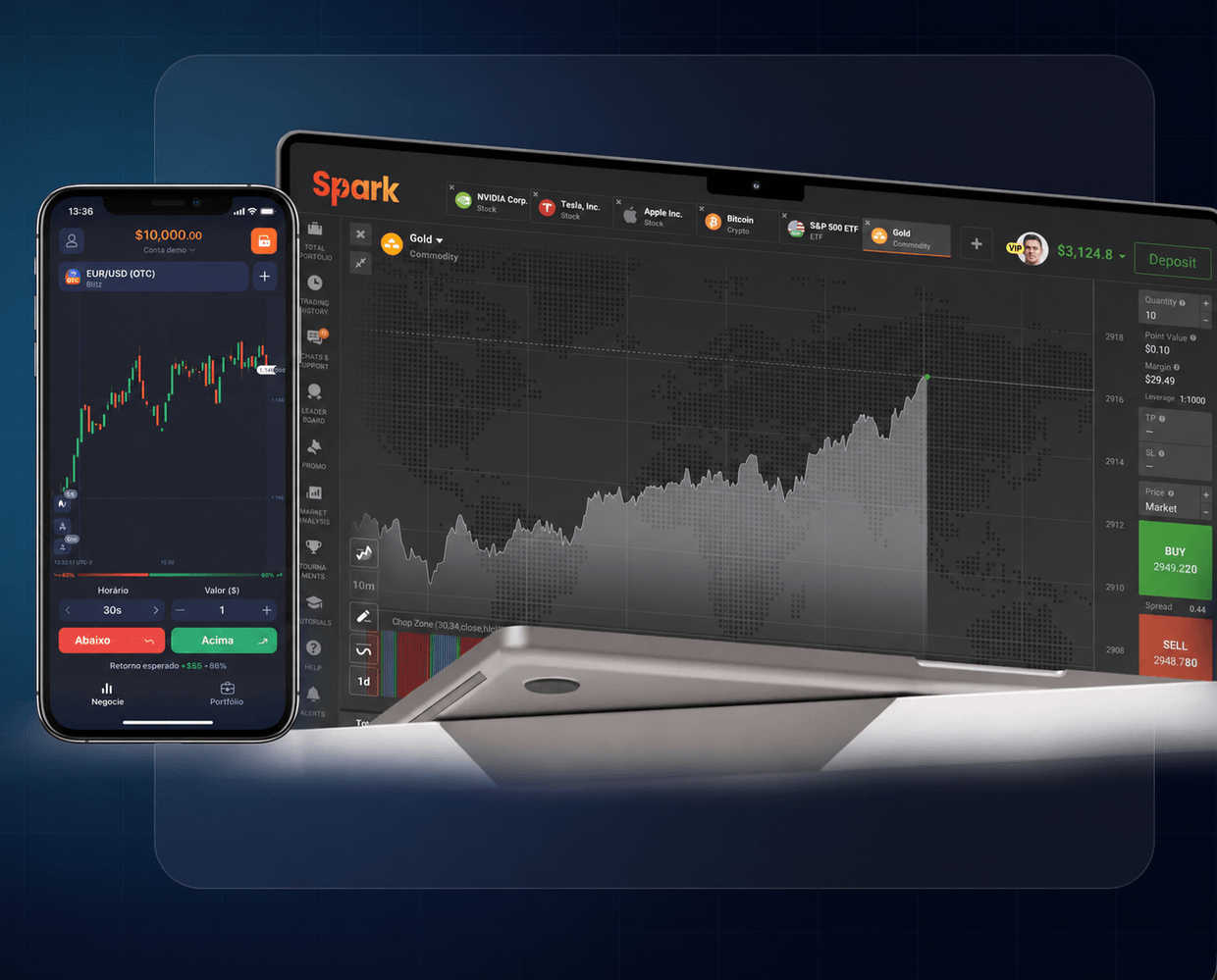 A plataforma da Spark aberta no computador e no celular.